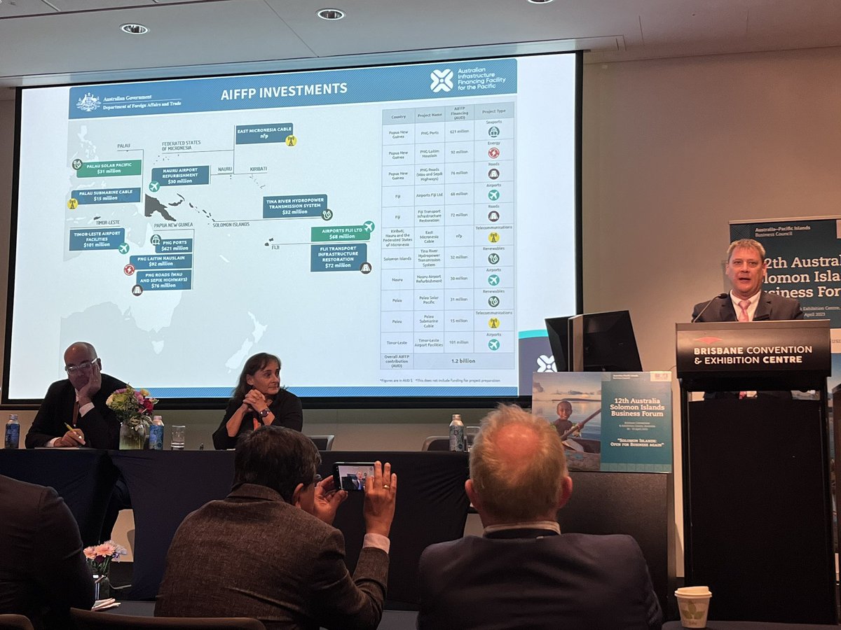 AustraliaPIBC's tweet photo. Mr Rob Jauncey, COO of the Australian Infrastructure Financing Facility for the Pacific (AIFFP) discusses the facility and the various investments to date #12ASIBF https://t.co/eX4MqGuKnZ