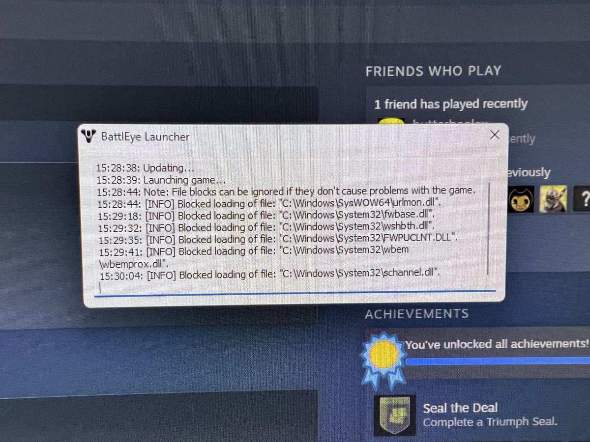 rolunnd's tweet photo. @BungieHelp going on 3 days of not being able to get on servers. Battleye started acting weird and blocking random sys32 files and now randomly I can’t login https://t.co/RU3XyBwGEZ