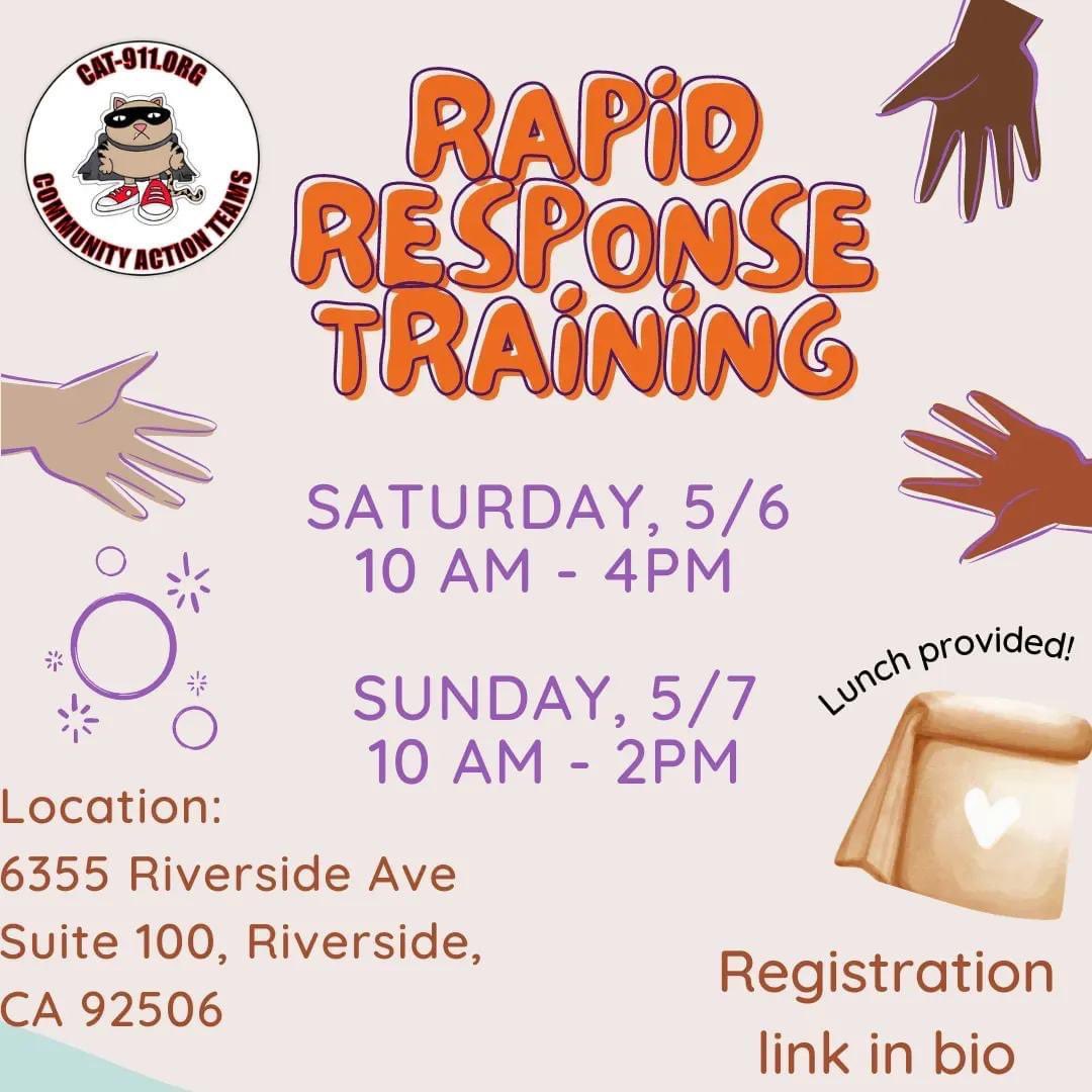riversidecat911's tweet photo. Join CAT 911 Riverside for a 2 day training. Participants will learn and practice crisis intervention skills, first aid training,  and principles of Transformative &amp; Disability Justice. 

Lunch will be provided! 
Registration link in linktree: https://t.co/qxhkQh79xd https://t.co/HDGqgYEO2H