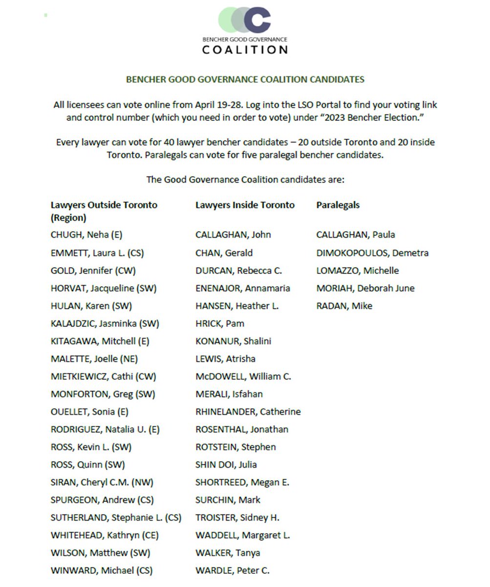 FACL Ontario (@faclontario) on Twitter photo Voting for the LSO bencher election starts tomorrow! On March 3, we endorsed the Good Governance Coalition including <a href="/Gerald_Chan_law/">Gerald Chan</a> and @jshindoi. We encourage our members to vote for ALL 40 members of the coalition.
Read our endorsement: bit.ly/3YckJli Voting for the LSO bencher election starts tomorrow! On March 3, we endorsed the Good Governance Coalition including <a href="/Gerald_Chan_law/">Gerald Chan</a> and @jshindoi. We encourage our members to vote for ALL 40 members of the coalition.
Read our endorsement: bit.ly/3YckJli