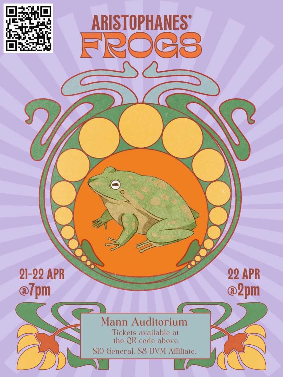 Come one, come all, come living, come dead to the <a href="/uvmvermont/">University of Vermont</a> production of Aristophanes' "Frogs", directed by Jeannette Chien (<a href="/entropyre/">jeannette eggtropyre</a>)  with an original score by various members of the classics department (including yours truly), this weekend only! #ClassicsTwitter