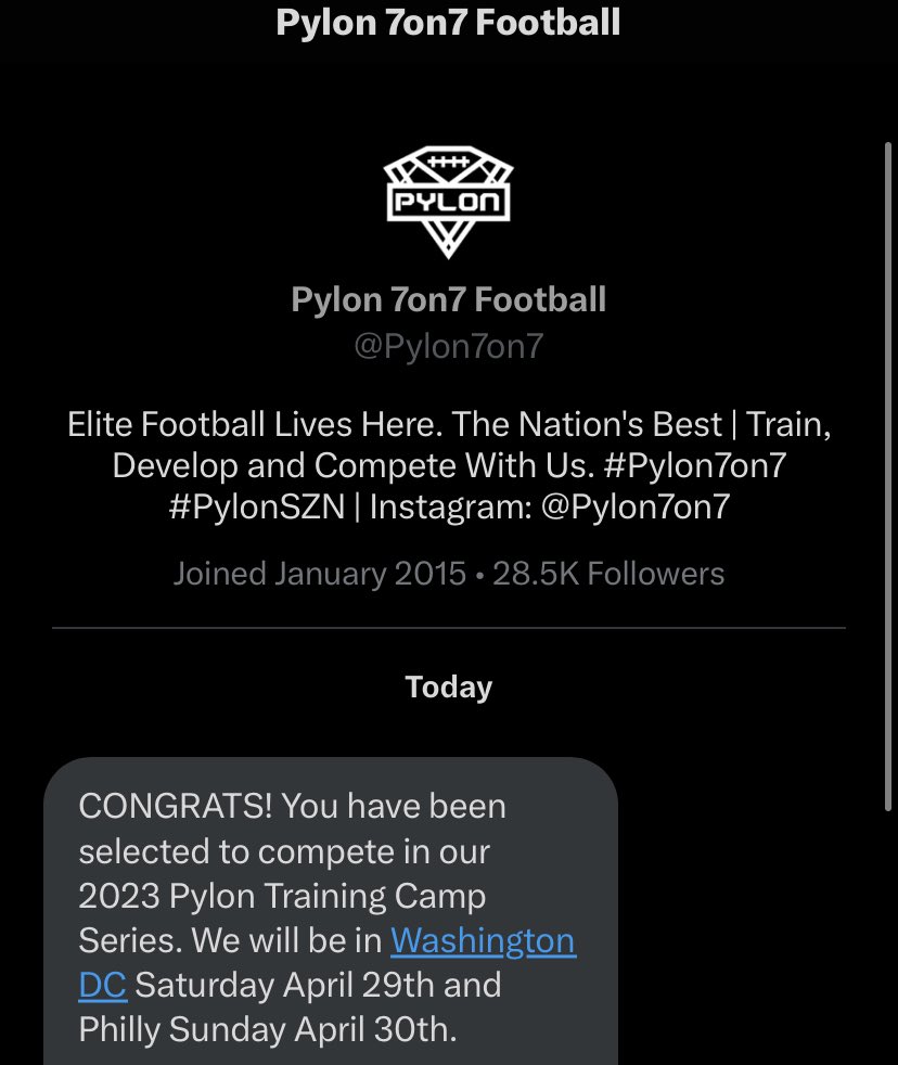 Swain4_'s tweet photo. Thank you @Pylon7on7 for the invite!! Can’t wait to compete. https://t.co/3zOx1AojBv