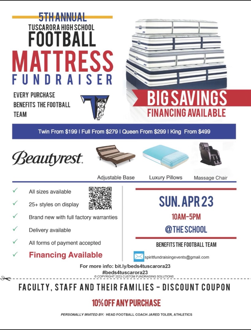 TuscaroraFB's tweet image. Sunday will be here before you know it. We hope to see all of the incredible people that support Tusky football this weekend. We hope that we can provide you all with a quality product that will provide some much needed comfort and rest. Hope to see you there! #1community #BoB