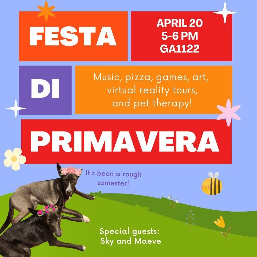 Are you ready to celebrate Spring? 🌷 Take a moment to relax and unwind before the end of the semester! We will meet at GISB in GA1122 and then, if the weather is nice, the Italian festa will move outdoors 🌞🍕 As always, the event is open to everyone, … instagr.am/p/CrMl31TptQW/