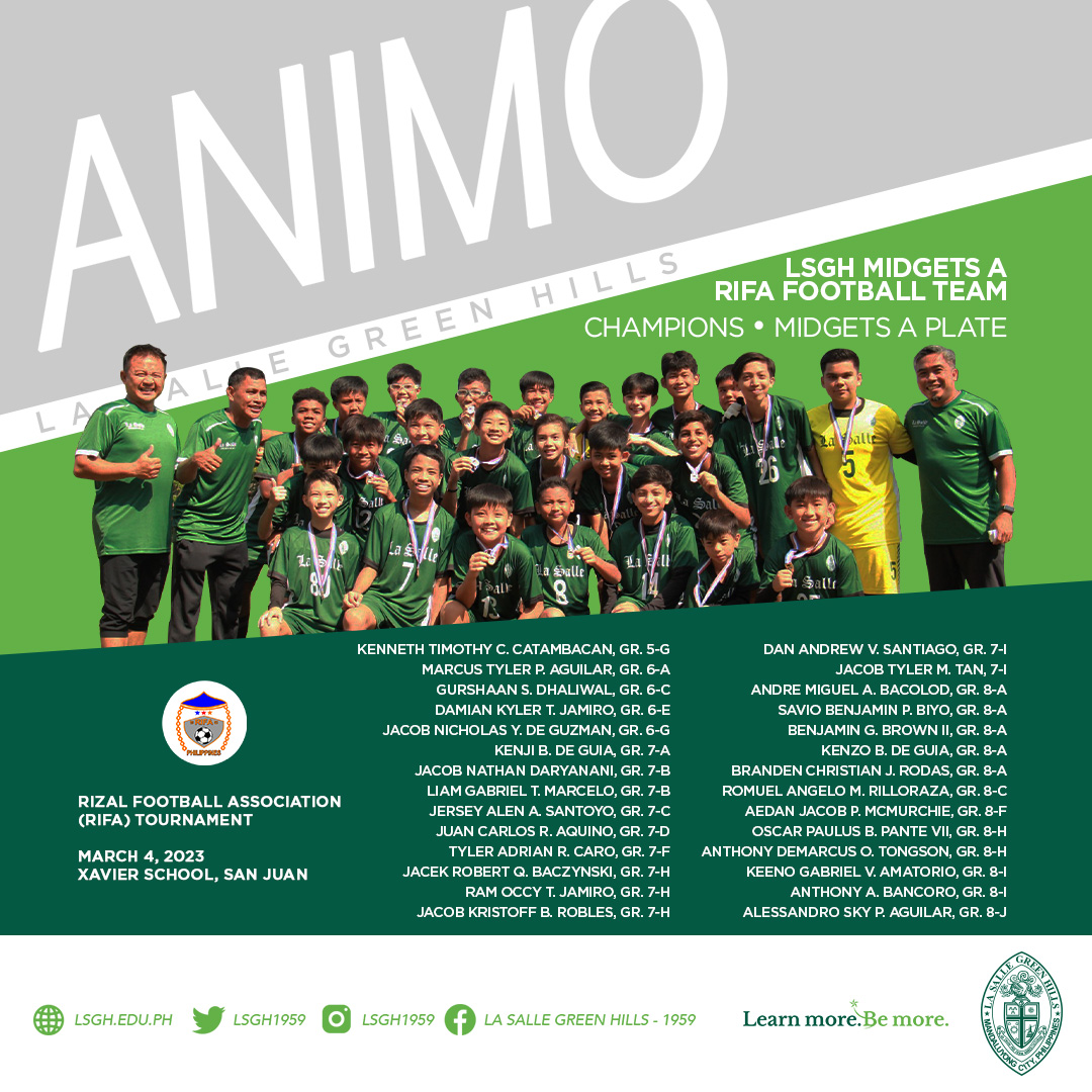 lsgh1959's tweet photo. Quick with their kicks and running with the ball on their feet, the LSGH Midgets A RIFA Football Team emerged victorious to claim the Midgets A Plate Championship title last March 4, 2023 at Xavier School, San Juan! 

CONGRATULATIONS! 
#LearnMoreBeMore