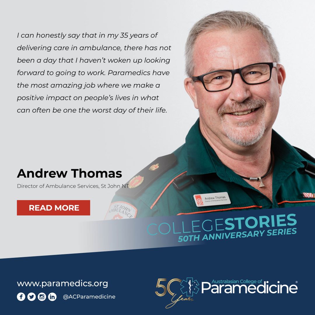 Australasian College of Paramedicine (ACP) (@acparamedicine) on Twitter photo This week's 50th anniversary college story features Andrew Thomas, Director of Ambulance Services at <a href="/Stjohnnt/">St John Ambulance Australia NT</a>!
You can view our anniversary series at bit.ly/ACP-Anniversar…
📧 Send us your story (along with a photo) to our publications manager Rob.Garner@paramedics.org This week's 50th anniversary college story features Andrew Thomas, Director of Ambulance Services at <a href="/Stjohnnt/">St John Ambulance Australia NT</a>!
You can view our anniversary series at bit.ly/ACP-Anniversar…
📧 Send us your story (along with a photo) to our publications manager Rob.Garner@paramedics.org