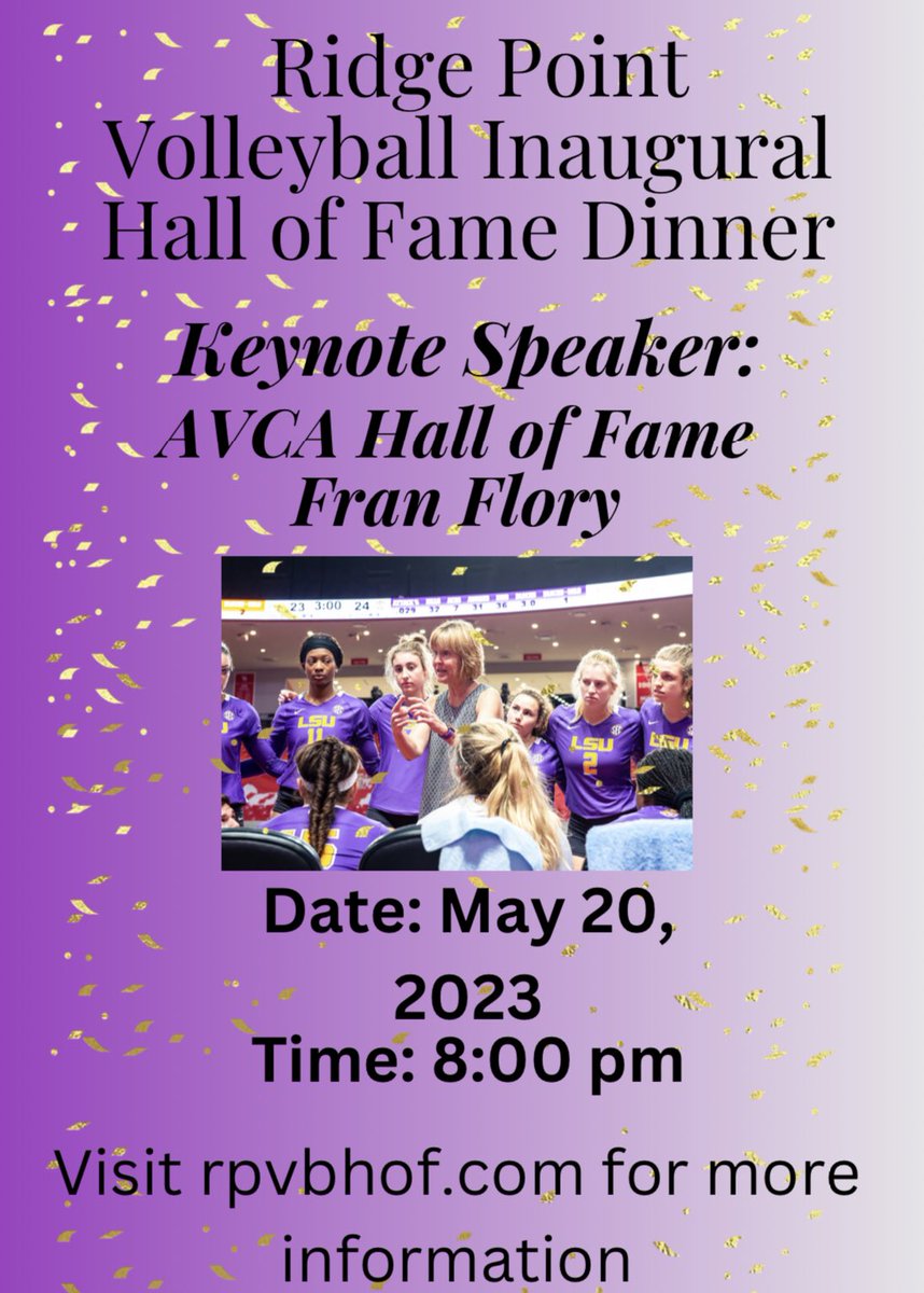 WERENT EXCITED ENOUGH ALREADY?! See if this does it. 
For our inaugural HOF Induction Dinner, we have <a href="/AVCAVolleyball/">AVCA</a> Hall of Fame Coach <a href="/LSUCoachFran/">Fran Flory</a> being our keynote speaker! Don’t miss the opportunity to hear from one of the BEST⭐️ visit rpvbhof.com for more info!