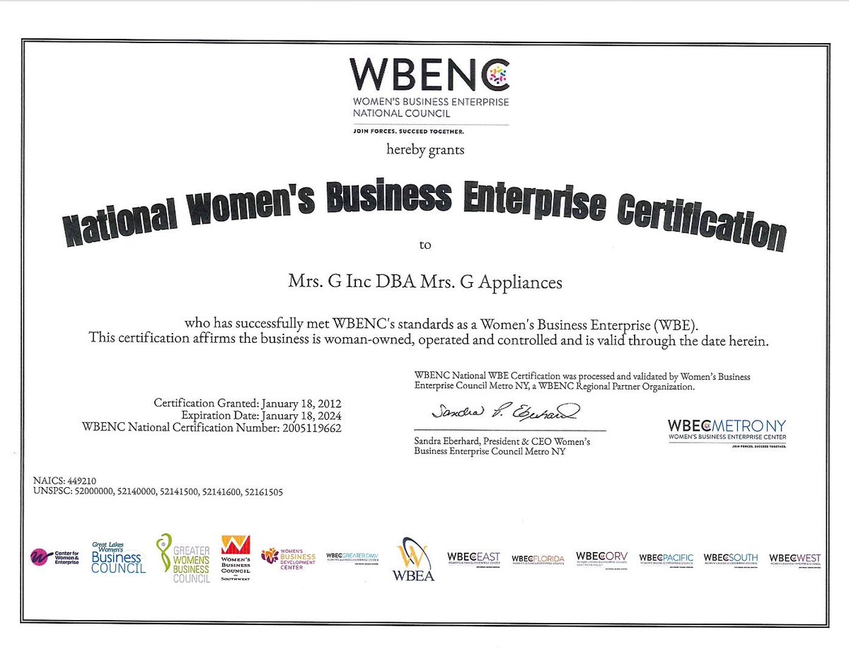 Proud to share that Mrs. G Appliances is certified as a woman owned business for 11 years by the Women’s Business Enterprise National Council Metro NY. #WomeninBusiness #retail