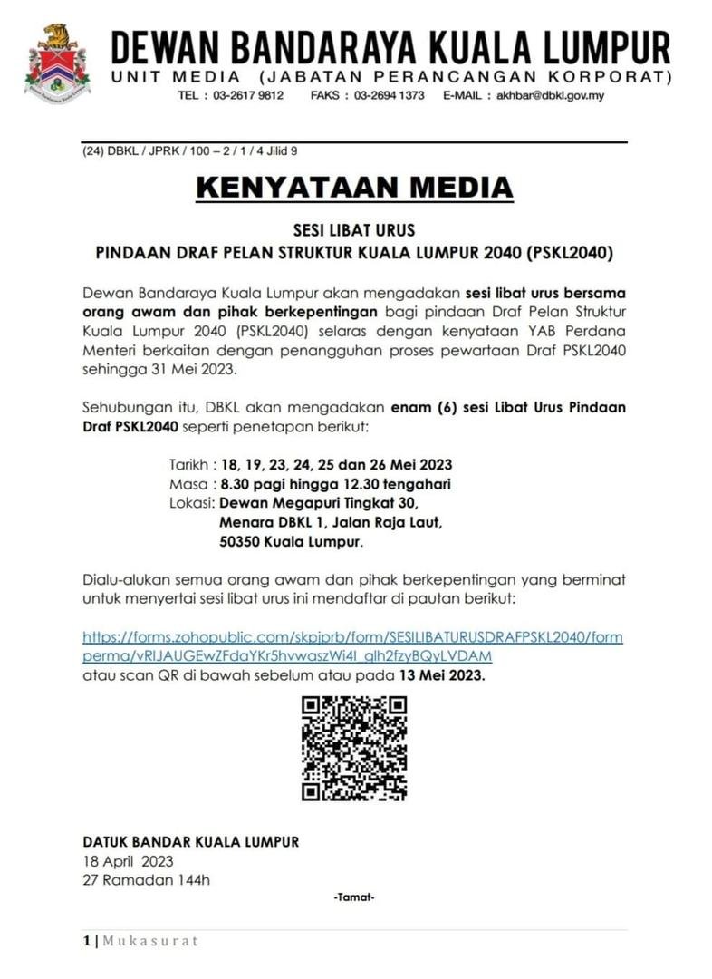 JonsonChong's tweet photo. DBKL to hold six engagement sessions on amendments to KL Structure Plan 2040 draft – please review the draft and prepare for the DBKL public engagement sessions
https://t.co/0sW3L4up6S https://t.co/g3okBO35xi