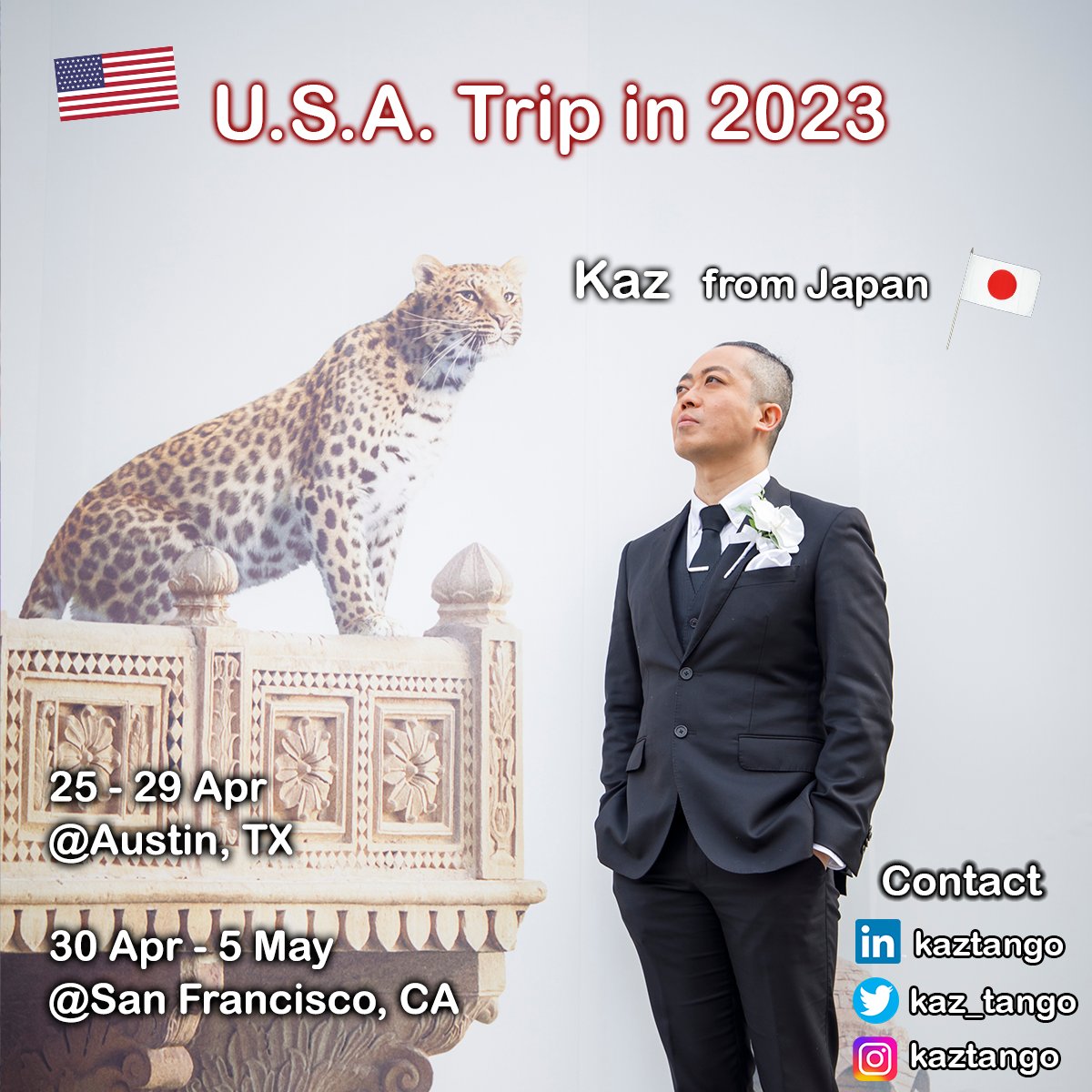 Kaz_Tango's tweet photo. Excited to inform that I will be in U.S.A. in April and May.
25 - 29 Apr @ Austin, TX for #consensus2023
30 Apr - 5 May @ San Francisco, CA
Happy to meet new people there! DM me!
Our company's overview https://t.co/vQYB9i4CRT
#delife #t2webcorporation #cryptotrip #kaztango https://t.co/XaYoyqIVUK