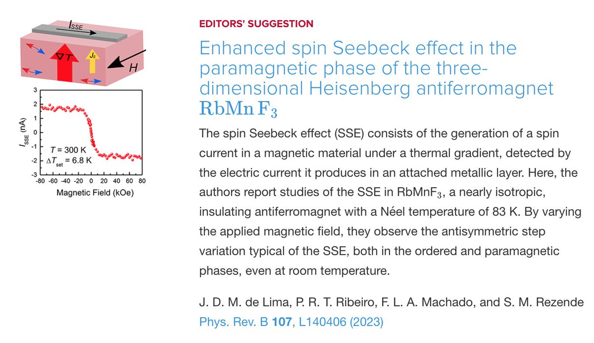 PhysRevB's tweet photo. PRB Editors' Suggestion: Enhanced #SpinSeebeckEffect in the #paramagnetic phase of the three-dimensional #Heisenberg #antiferromagnet #RbMnF3
J. D. M. de Lima et al.,
Phys. Rev. B 107, L140406
➡️ https://t.co/BMJQPoo5gU
#PRBLetter #physics #condmat #EdSugg @APSPhysics https://t.co/JRw5qnOLE7