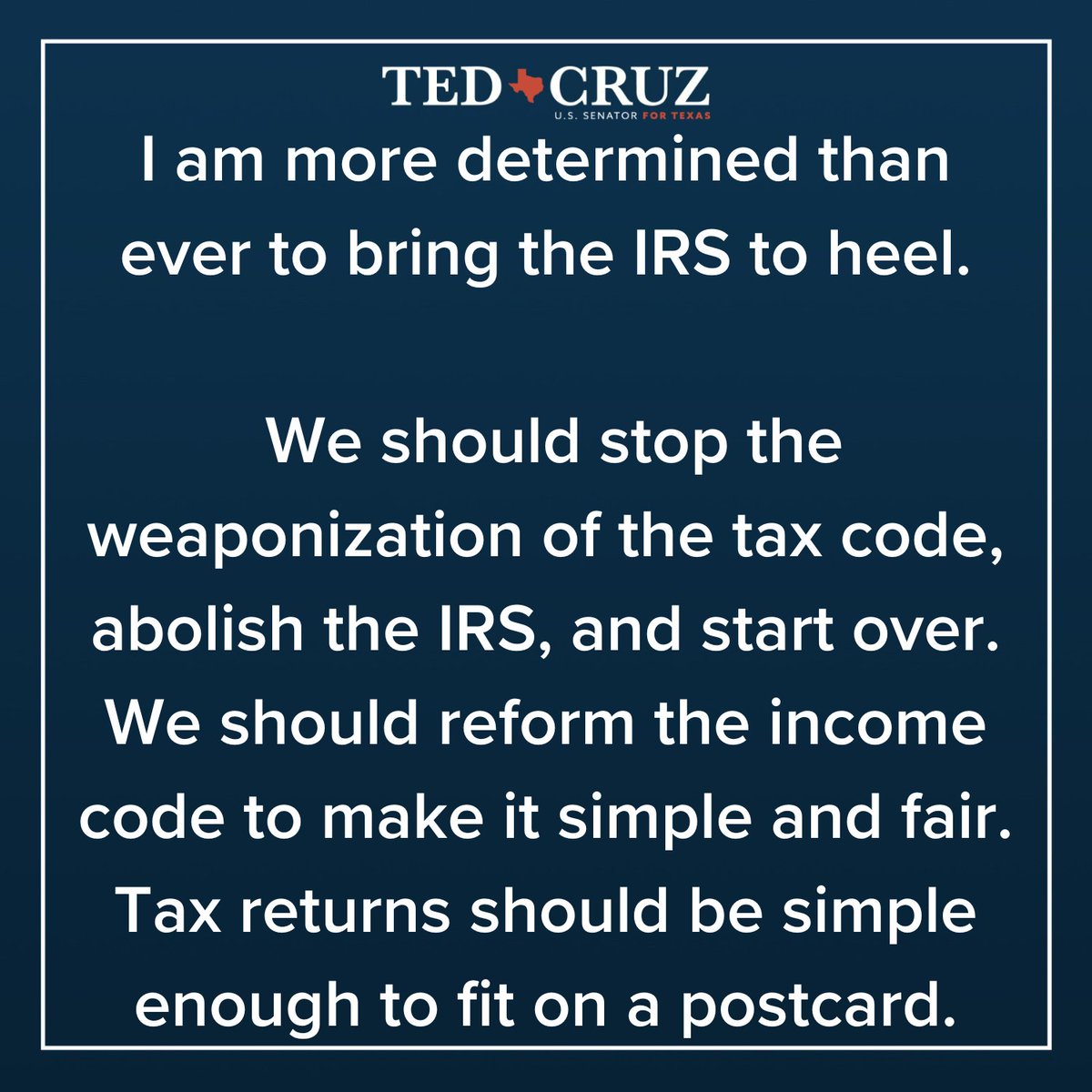 RELEASE: Stop the Weaponization of Tax Code and Abolish the IRS.

🚨Read my Tax Day press release below🚨

cruz.senate.gov/newsroom/press…