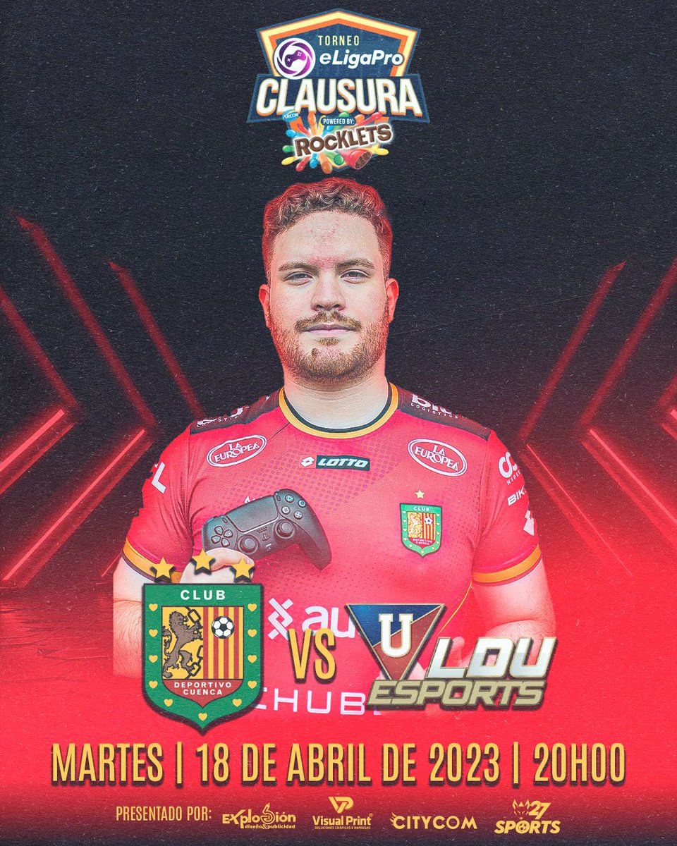 DCuencaOficial's tweet photo. Nuevo partido de la Eligapro powered by @RockletsEc 🎮🔥
Vamos a apoyar a nuestro jugador Sebastian Esparza 🦁♥️🖤 en nuestro duelo ⚔️ 🆚 #LDUQ
Gracias al auspicio de:
#W27Sports
#VisualPrint
#ExplosiónDiseñoYPublicidad
#CityCom https://t.co/HGmyuahoaP