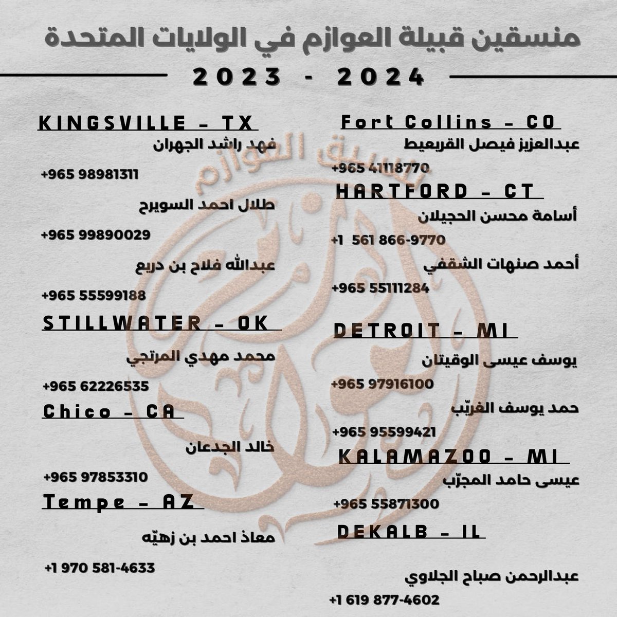 السلام عليكم ورحمة الله وبركاته.. 

أعضاء تنسيق قبيله العوازم في الولايات المتحدة الأمريكية لـ سنة 2024-2023