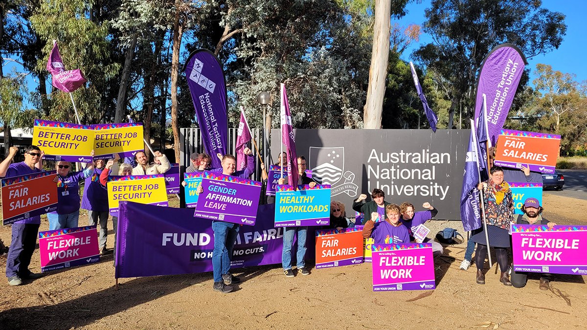 NTEUACT's tweet photo. Well done to @NTEUnion members at @ourANU, who braved the Canberra cold (don't let the blue sky fool you!) this morning as staff came in for work.

We're escalating our campaign ahead of our rally for a #BetterANU on 2nd of May, 12pm in Kambri. ✊

Info: https://t.co/1QFZIJyPk2. https://t.co/exDbzGsE0r