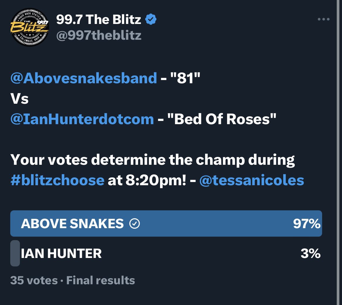 Abovesnakesband's tweet image. You guys are killing it with the votes! 9 straight wins on @997theblitz "Choose It Or Lose it"!  Let's keep it going Columbus! See you May 6th at King Of Clubs!! Big thanks to @RonniHunter997 and @tessanicoles !! 🤘🙏#blitzchoose