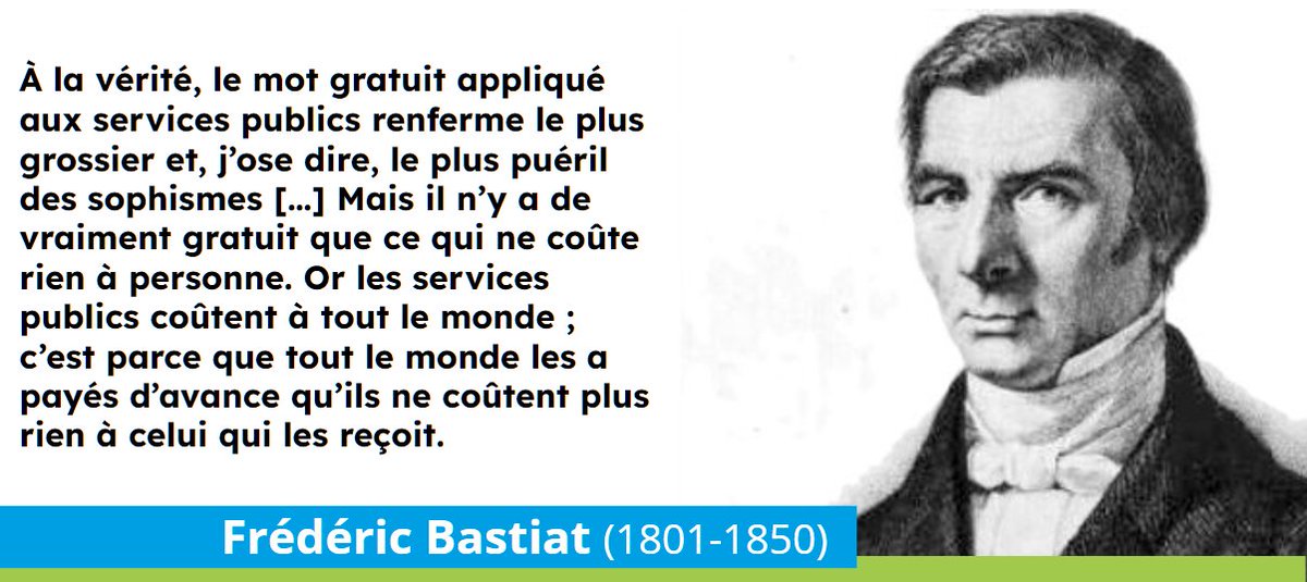 CitaroCapacity2's tweet image. Le mot gratuit appliqué aux services publics renferme le plus grossier et, j’ose dire, le plus puéril des sophismes. C’est parce que tout le monde les a payés d’avance que les services publics ne coûtent plus rien à celui qui les reçoit.
Frédéric #Bastiat