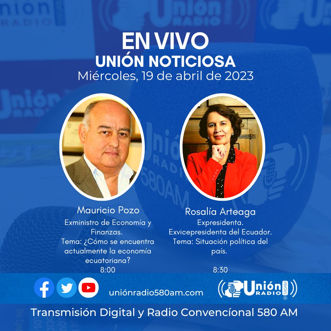 Unionradio580am's tweet photo. #Envivo
#Espaciodeentrevistas

Acompáñanos a escuchar a nuestros invitados:
@MauricioPozoEC
Rosalía Arteaga
Isabel Vargas
Camilo Salinas
Escúchenos en el dial #580AM, por fb live, YouTube, Twitter
@unionradio580am y en https://t.co/vxgL91KutE 🇪🇨
Somos:
 La Cadena⛓️ de la Unión 🤝 https://t.co/rTvEGC7vBI