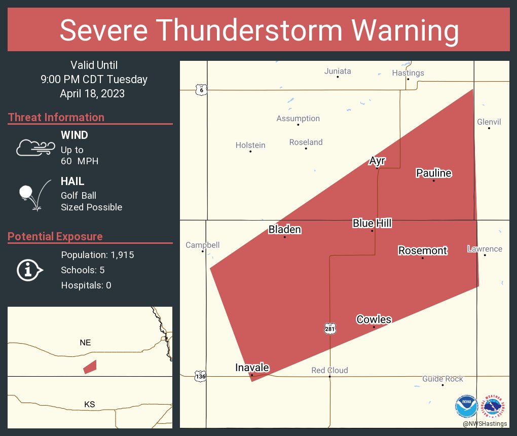 NWS Hastings on Twitter "Severe Thunderstorm Warning including Blue Hill NE, Bladen NE and