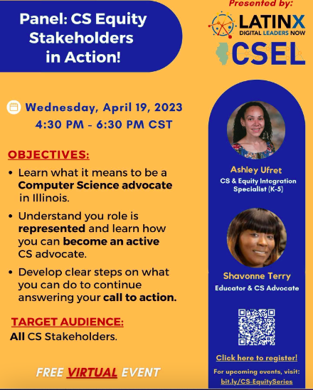 Join our advocacy partners <a href="/LatinxDLN/">LatinX DLN</a>  and @CSEL tomorrow for an informative panel: CS Equity Stakeholders in Action!

Register at: lnkd.in/g-uKZ8UE

#CSEquity #TechEquity
#closingtechnologygap #closingSTEMgap