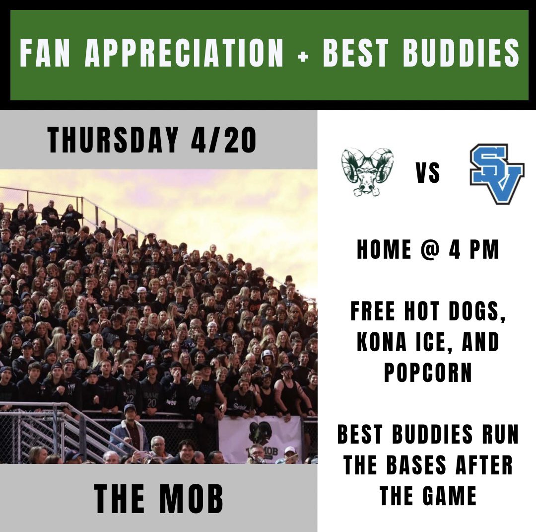 Come out and show your support at a big section game this Thursday for fan appreciation and best buddies day! This is our way to thank our fans for their support with free hot dogs, Kona Ice, and popcorn. The best buddies program will run the bases after the game. See you there!