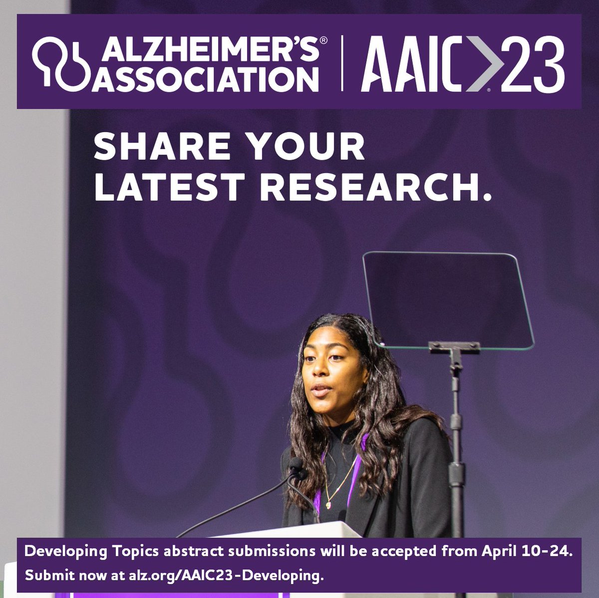 alzassociation's tweet photo. Researchers whose findings were not available during the #AAIC23 abstract submission period are invited to submit their abstracts as a Developing Topic. Submissions accepted through April 24: https://t.co/L8uVvrfslQ #ENDALZ https://t.co/MNuEXUxBE4