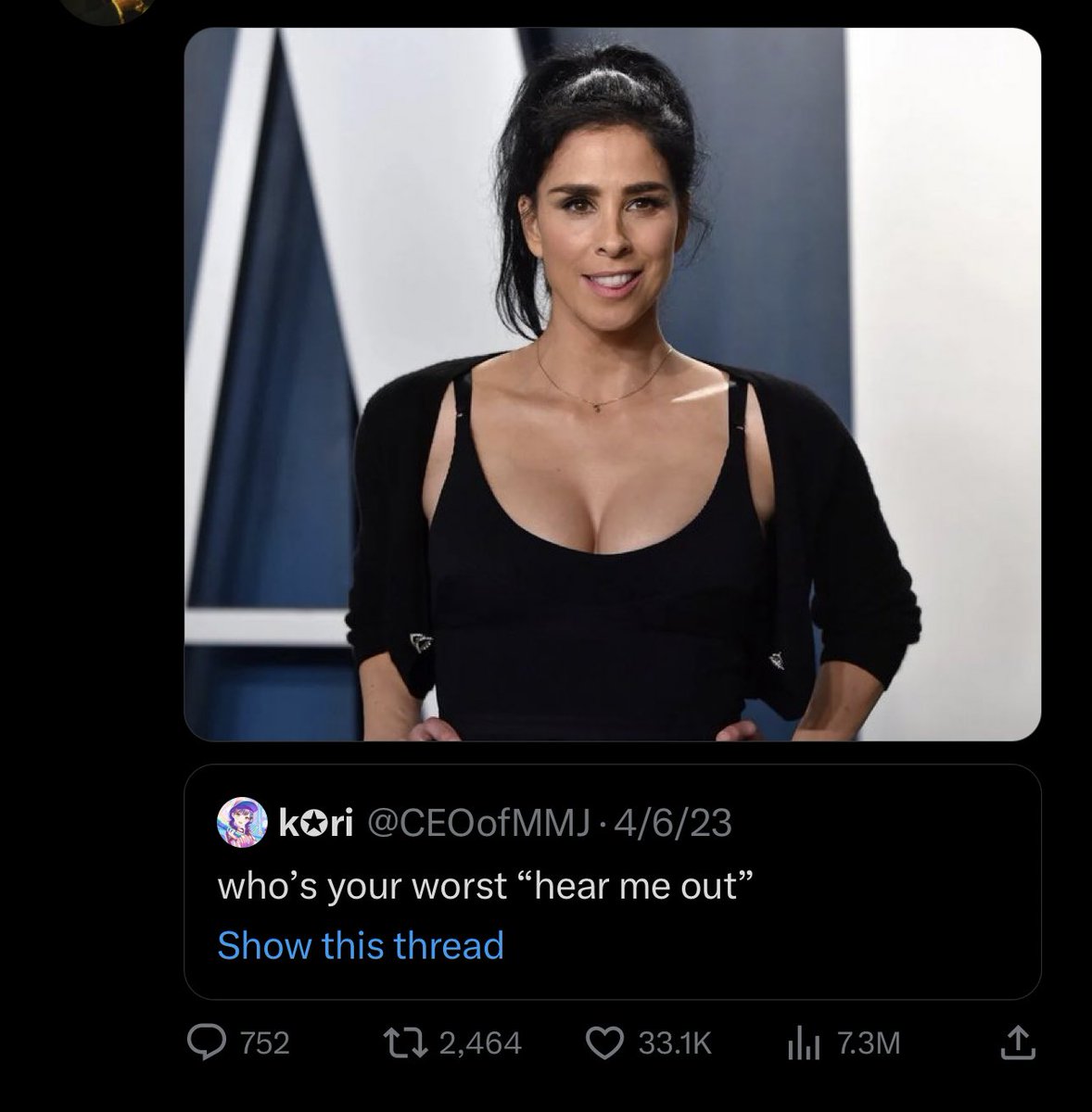 alex_abads's tweet photo. straight men’s worst hear me outs are sarah silverman 

straight women are like bilbo baggins when he’s scary https://t.co/5VIphxO2cN