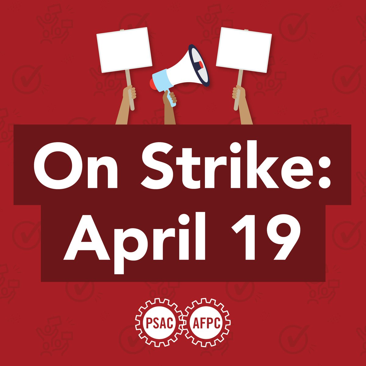 ON STRIKE 

Treasury Board and CRA members are on strike effective tomorrow at 12:01 AM ET April 19. 

Please make plans to attend your closest picket line as early as you can: workerscantwait.ca