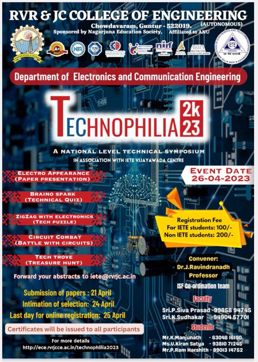 rvrjc_official's tweet photo. Texhnophilia2k23 - National level technical symposium for students at RVR & JC College of Engineering (Autonomous)
#rvrjcce #students #iete #ietestudentschapter #nationallevelcompetition https://t.co/CPYszgo9iy