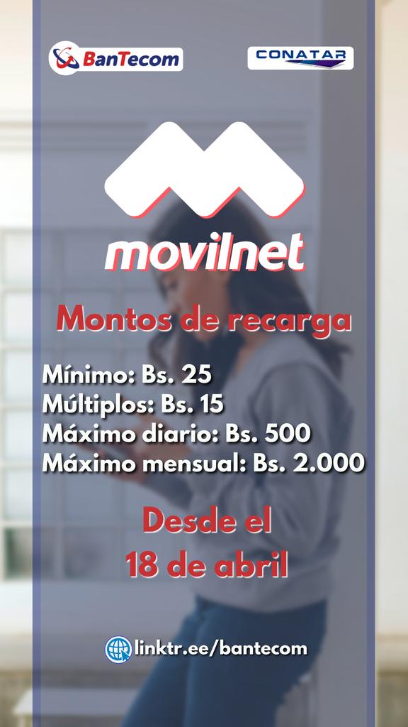 TuConatar's tweet photo. Atención Familia Bantecom: 

Desde hoy a la media noche cambian los montos de recarga 
#Movistar:
Mínimo: Bs. 30
Múltiplos: Bs. 30
Máx: Bs. 600

#Movilnet:
Mínimo: Bs. 25
Múltiplos: Bs. 15
Máx diario: Bs. 500
Máx Mensual: Bs. 2000

Para actualizar, borra el caché y listo 💪 https://t.co/jRaHRE3I2t