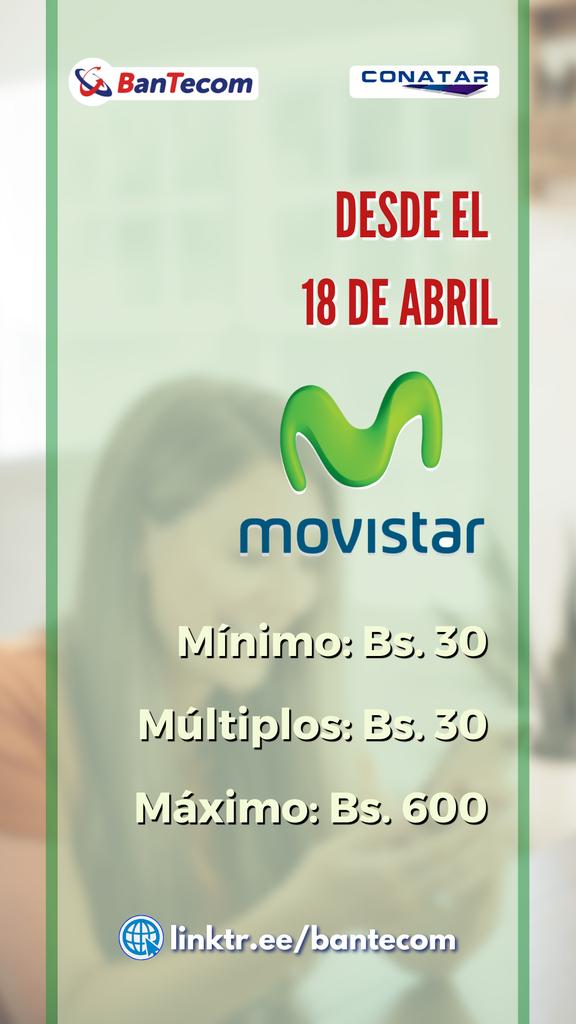 TuConatar's tweet photo. Atención Familia Bantecom: 

Desde hoy a la media noche cambian los montos de recarga 
#Movistar:
Mínimo: Bs. 30
Múltiplos: Bs. 30
Máx: Bs. 600

#Movilnet:
Mínimo: Bs. 25
Múltiplos: Bs. 15
Máx diario: Bs. 500
Máx Mensual: Bs. 2000

Para actualizar, borra el caché y listo 💪 https://t.co/jRaHRE3I2t