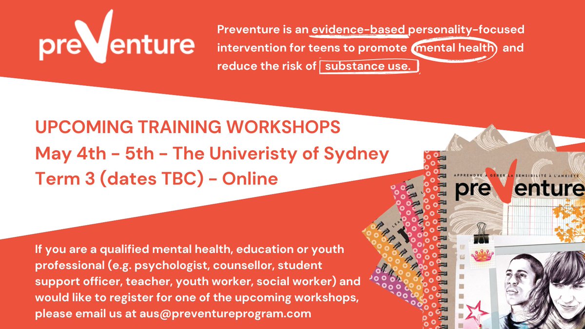Become a <a href="/PreVenturePRGM/">Preventure Program</a> facilitator in Australia + deliver evidence-based personality-focused interventions for teens to promote mental health + reduce the risk of substance use. Learn more at positivechoices.org.au/teachers/preve… or email aus@preventureprogram.com
.
<a href="/pos_choices/">Positive Choices</a> @DrErinKelly