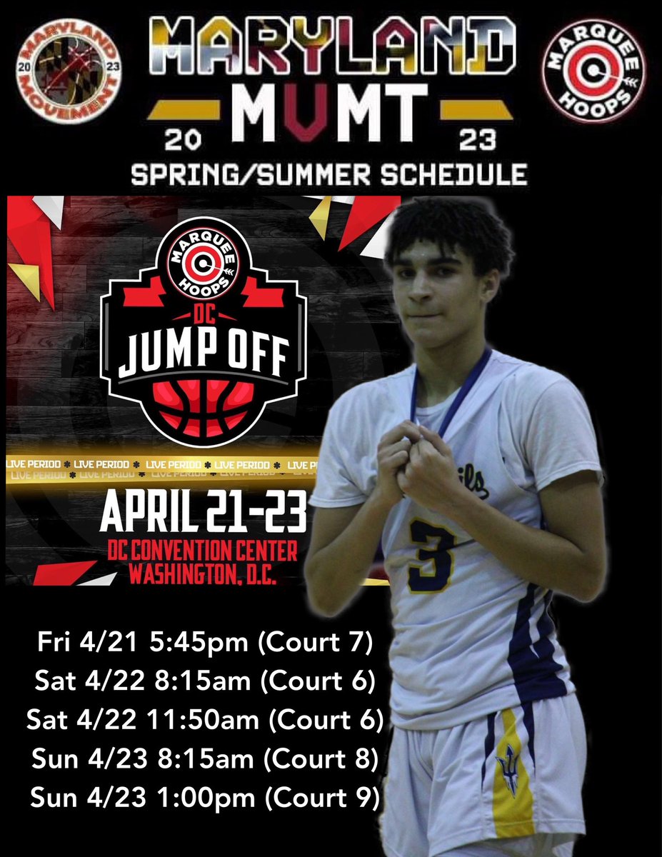 EliSterling_3's tweet photo. 🚨MARQUEE HOOPS - DC JUMP OFF
🏀 | MD MOVEMENT 17U 
📅 | 4/21 - 4/23
📍 | DC CONVENTION CENTER
🏙️ | WASHINGTON, DC
ℹ️ | https://t.co/qRZsVoqbx2 @marqueehoops #DCJumpOff https://t.co/VpA566cFG7