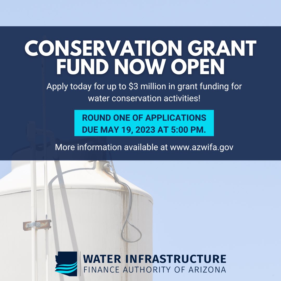 ArizonaWIFA's tweet photo. 📣 ❗️Grant applications now open! WIFA has $200 million available now through the Water Conservation Grant Fund. Go to https://t.co/QZv7SdIFTX for more information. #azwater https://t.co/fFstS1Vjqy