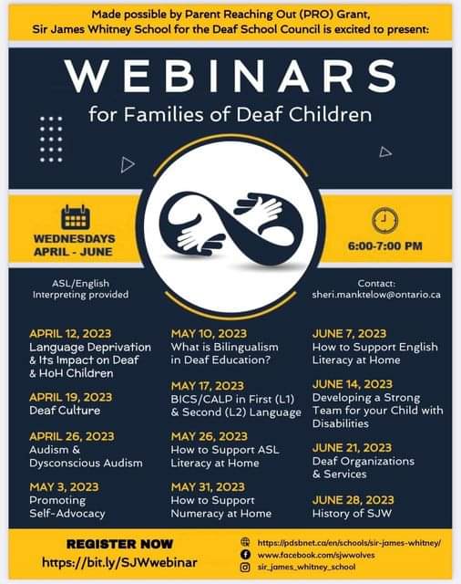Some excellent resources for families of Deaf children! Sir James Whitney School for the Deaf School Council has some amazing webinars coming up.