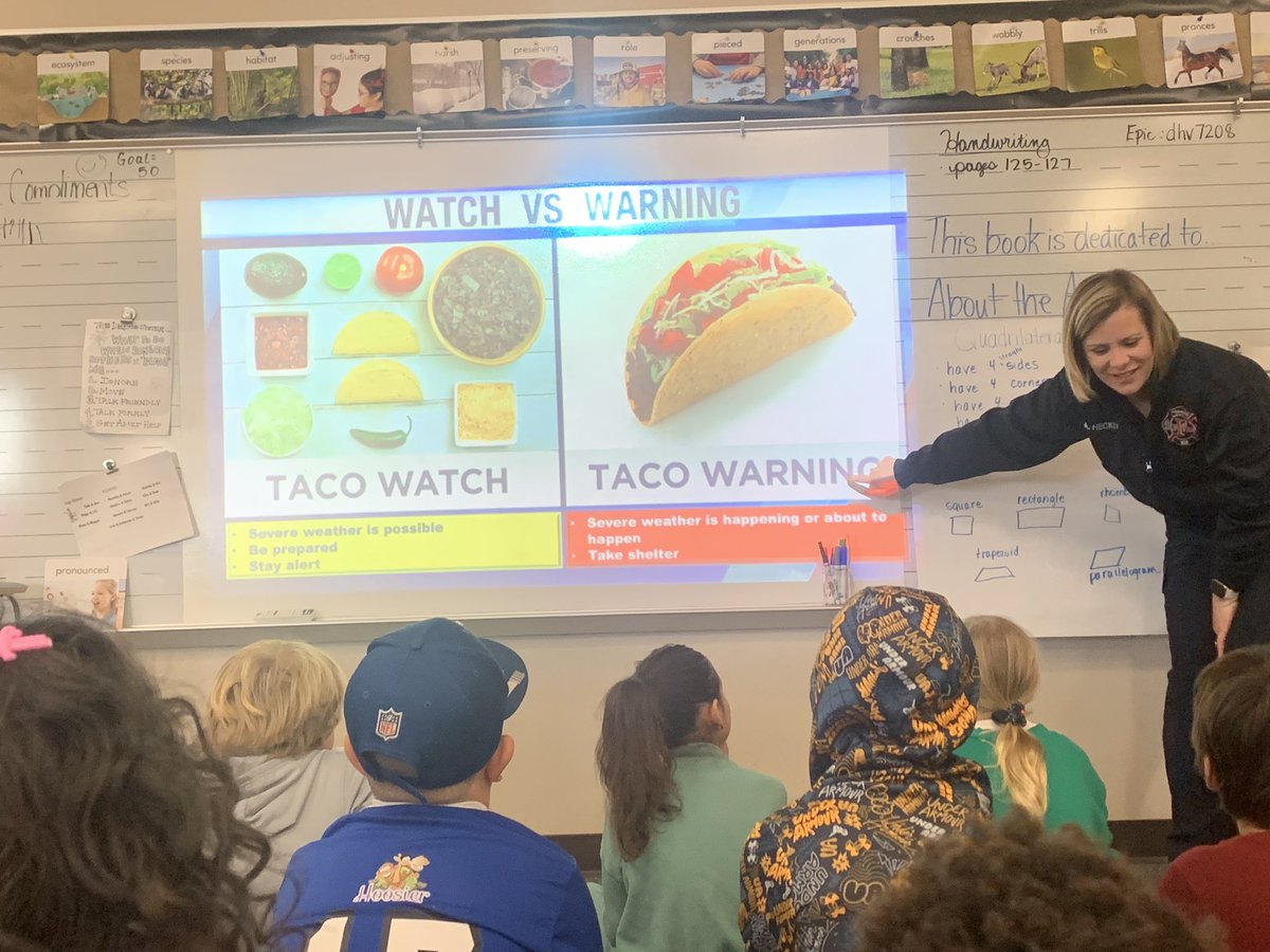 MrsO_TCE's tweet photo. We had a wonderful, informative visit from @AshleyHeckly today! She taught us how to stay safe in severe weather and how making a taco is like a weather watch or warning! Thank you for sharing your knowledge! @FishersFireDept #TCECardinals https://t.co/dLhTB9DT5u