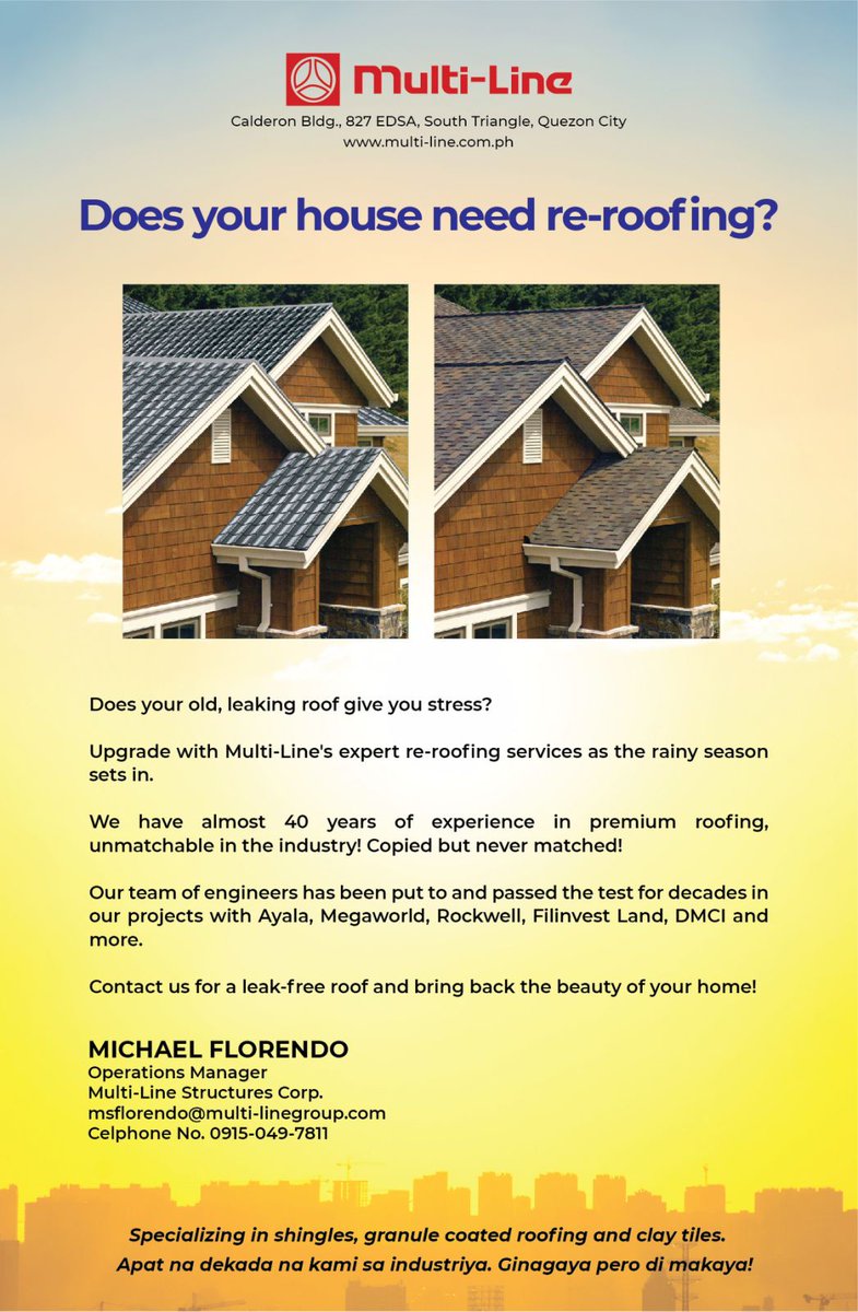 MultiLineQC's tweet photo. Multi-Line  

Apat na dekada na kami sa industriya, Ginagaya pero di makaya!  

Does your house need a re-roofing? Call or email us. MICHAEL FLORENDO Operations Manager for PID msflorendo@multi-linegroup.com 
Cellphone no. 0915 049 7811  

Website: https://t.co/2RanVKRvDW https://t.co/byKPzABidw