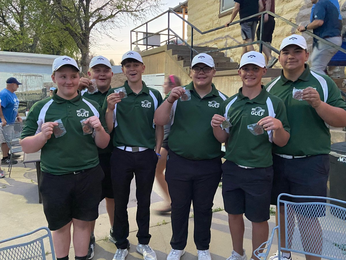 The Pratt Golf team finished 3rd at Larned today as the Greenbacks displayed grit with the strong winds!  Grant McAtee shot a 74 to claim the championship and Mathew Garnett shot an 85 to finish 8th!  Great job guys!