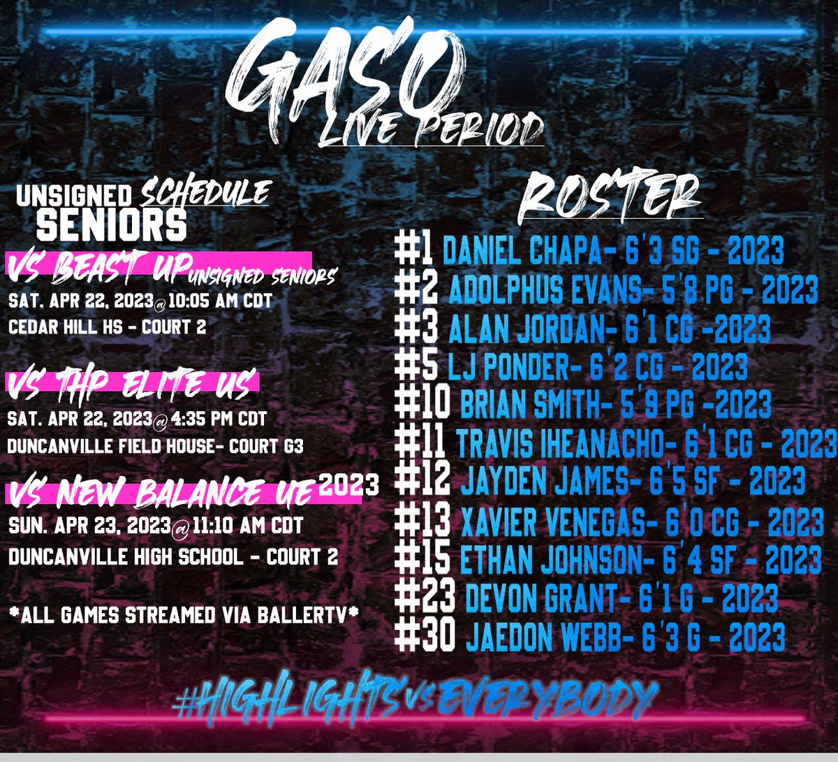 JohnsonEliteAAU's tweet photo. 🚨ATTENTION COLLEGE COACHES🚨
1st Live Period of the Spring is here, playing in the @texashoopsgaso down in Duncanville, TX!
Houston Highlights Unsigned Seniors Schedule! Plenty of great prospects to add to your rosters!
All games streamed via @BallerTV
#HighlightsVsEverybody https://t.co/lAXRIgZytT