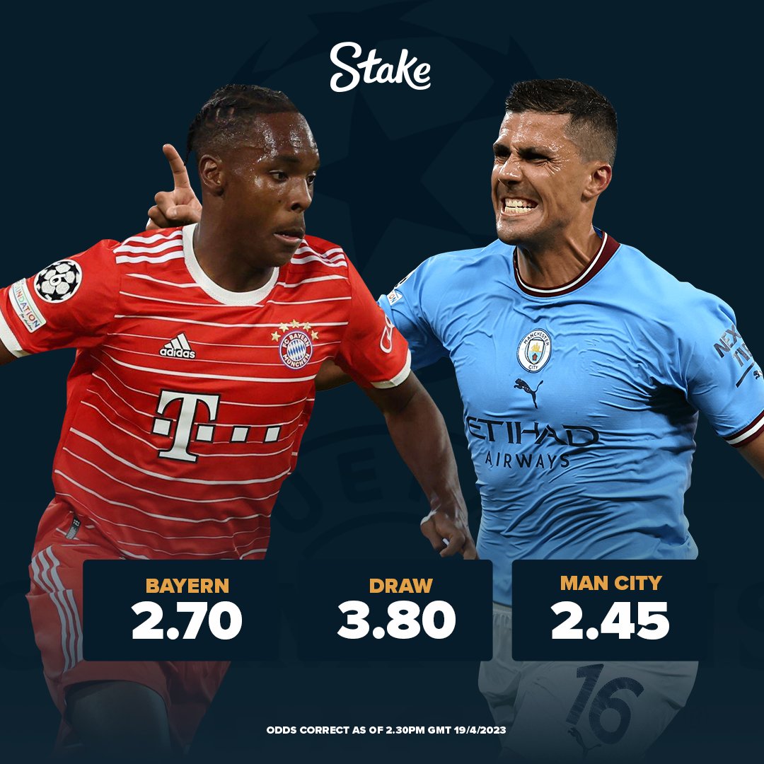 Stake's tweet photo. It's Advantage @mancity in their #UCL tie against @FCBayern 🆚

But who will win the second leg? 🤔

Tell us who you think will win this one and we'll choose one correct answer to win $250 in Stake credit! 💰

Entries must be in before KO ⏱ https://t.co/KYad5PJEhk