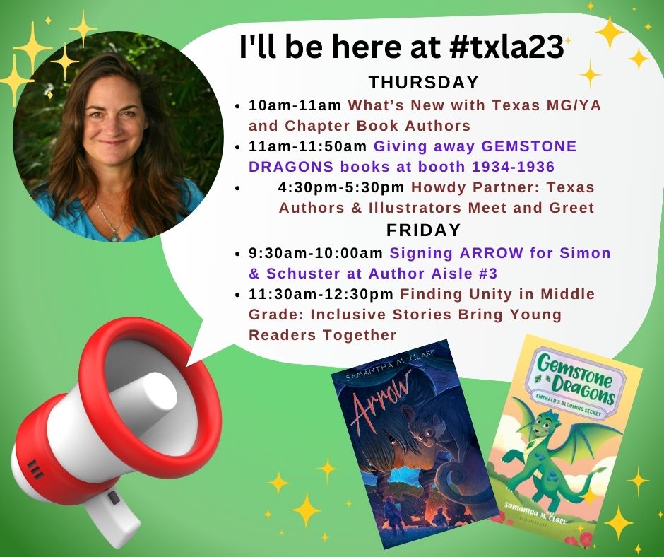 samclarkwrites's tweet photo. Very excited for #ixla starting tomorrow!!! Here's where I'll be... And I'll have ARROW and one of my GEMSTONE DRAGONS books for #librarians!! They're both great #EarthDay #books too, so perfect timing. See you there! https://t.co/GYEtrzdVUs