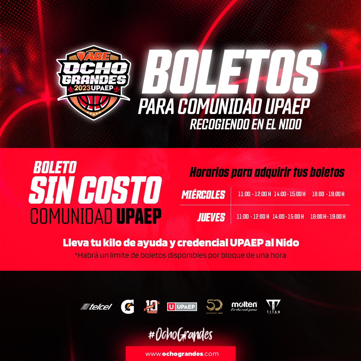 AguilasUPAEP's tweet photo. Así será la nueva dinámica para adquirir boletos para el Ocho Grandes UPAEP 🎟

🔴 Comunidad UPAEP los tendrán que recoger a partir de mañana en El Nido conforme a los horarios presentando su credencial y kilo de ayuda.
👥 Acceso general boletos disponibles el 19 de abril a partir de las 11 de la mañana en https://t.co/2mFdFb5onB

#OchoGrandes #LigaABE10 #50AniversarioUPAEP