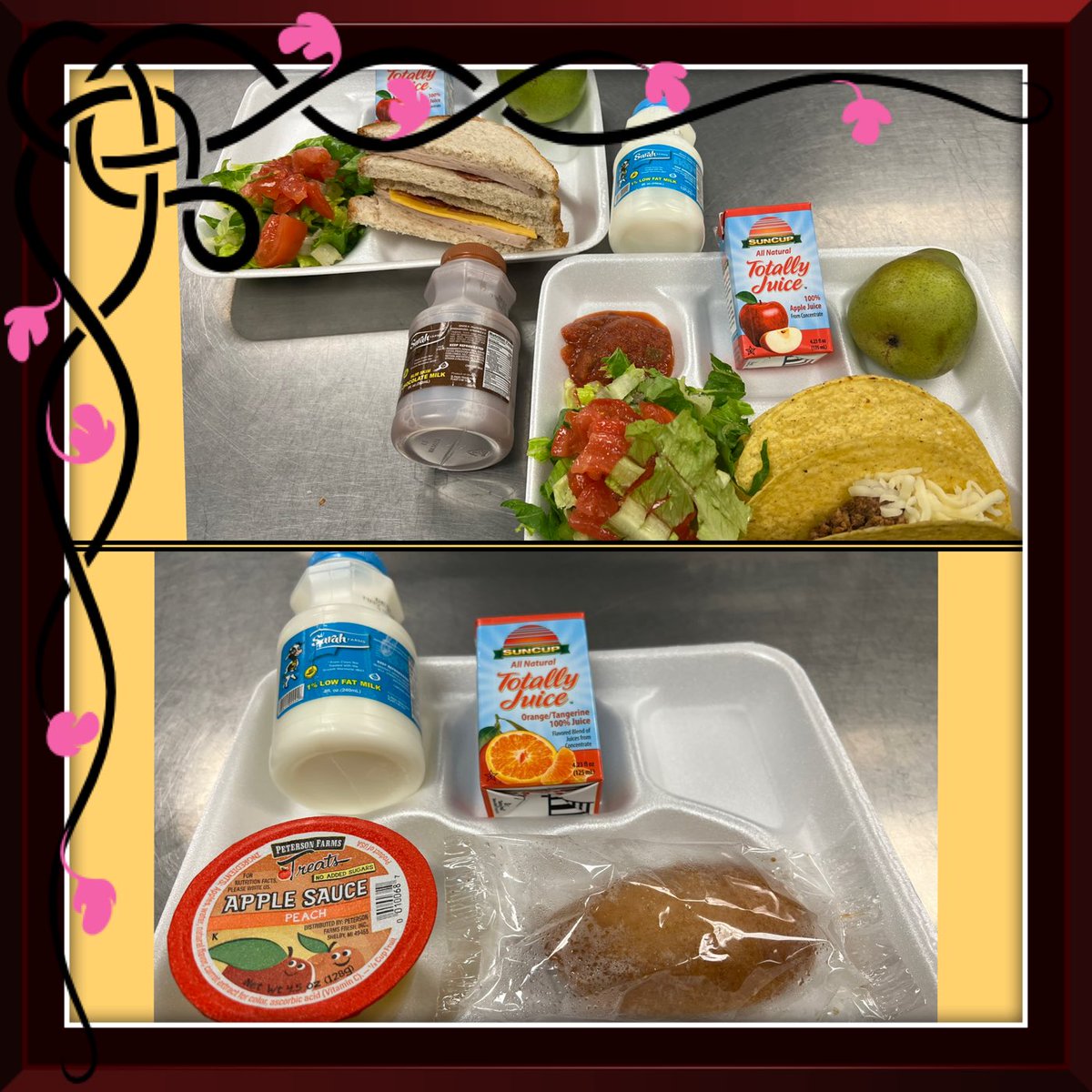 Irene_Colin77's tweet photo. 🐾🐾 Trays of the Day 🐾🐾
           At Helen Ball 
Breakfast Combo: Sausage Roll,Fruit Juice,Peach Sauce, Milk variety.
Lunch Combo:Beef Tacos,shredded Lettuce,Diced Tomato salsa, Pear 🍐 Milk Variety.
2nd Choice: Triple Decker Sandwich.
#Team SISD https://t.co/te6QznzoNK