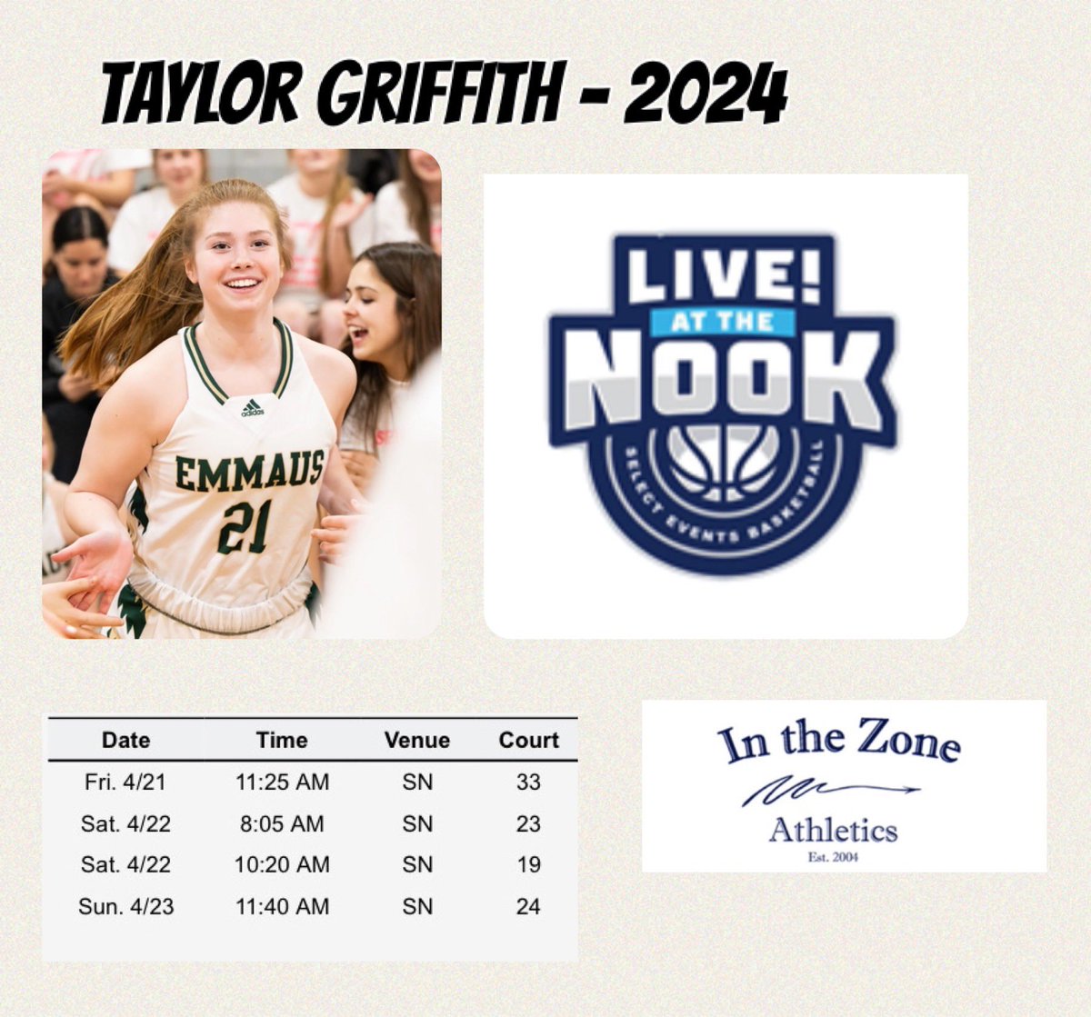I’m playing live at the Nook! Come watch me play, my game schedule is below!! <a href="/IntheZone_Sport/">In The Zone Basketball Club</a> <a href="/EHSGBB/">Emmaus High School Girls Basketball</a>