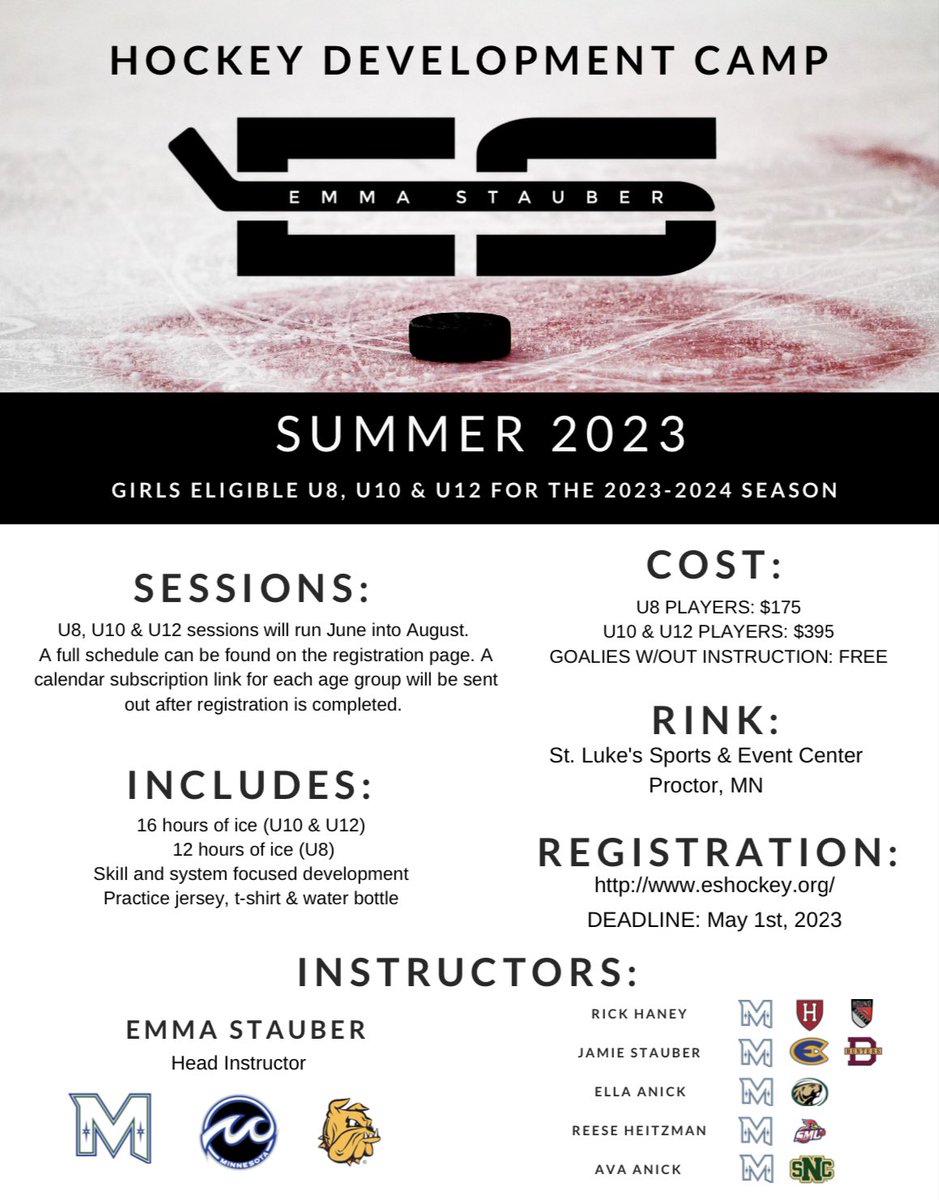Less than 2 weeks left to register for ES Hockey Camp 2023 this summer! 🏒

Head over to eshockey.org to see the full camp schedule and get registered! 🥅