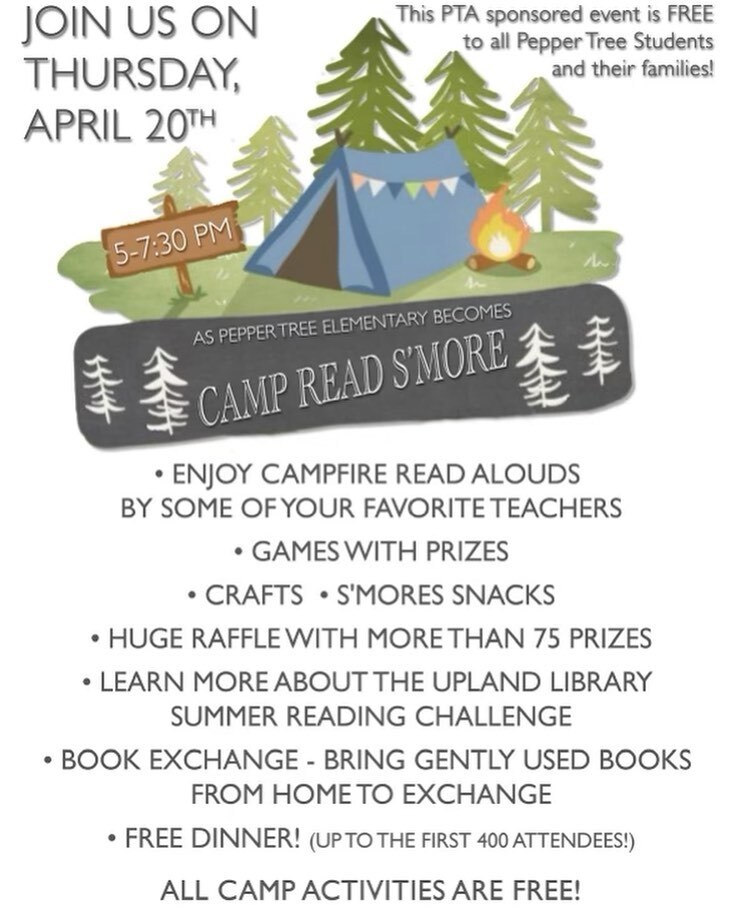 PepperTreeUUSD's tweet photo. Join us this Thursday, April 20th, for our reading night! Please see the flyer for details on our PTA sponsored Camp Read S’more! https://t.co/RafiMQ7ihV https://t.co/Paws2AwAA1