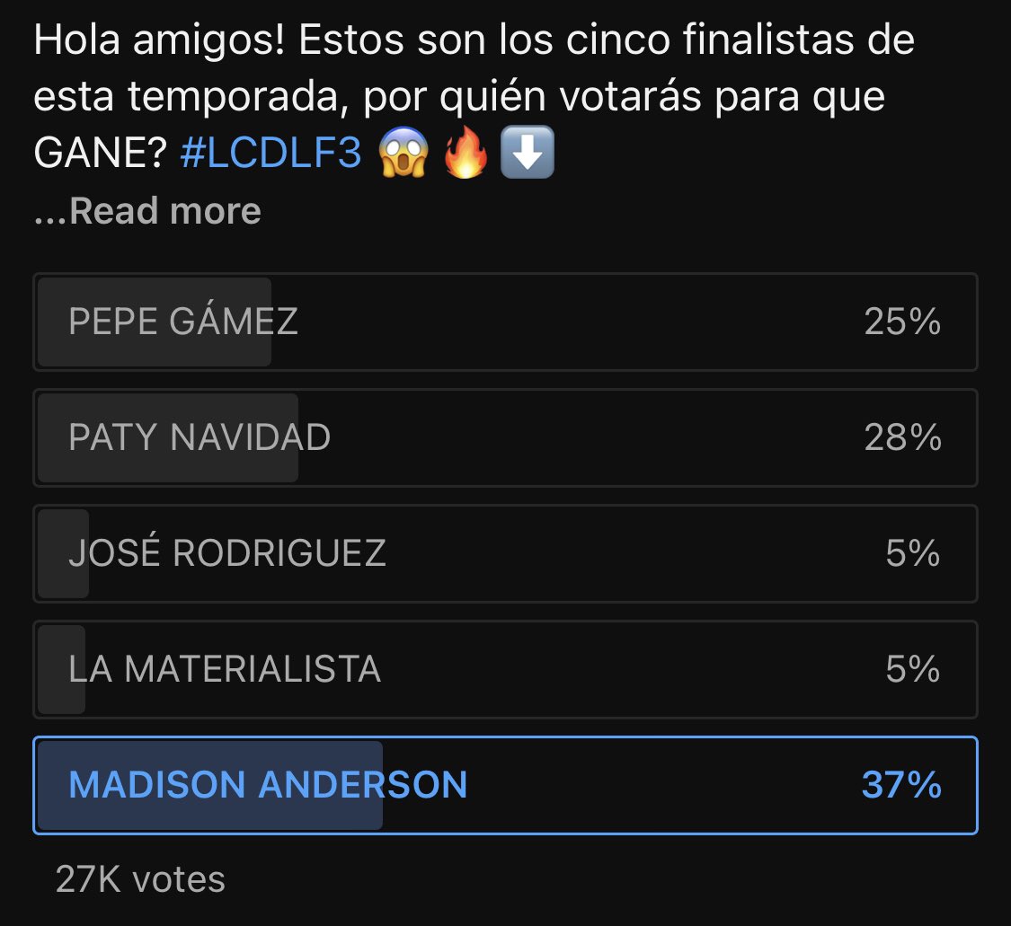 Hec718's tweet photo. Se que Madison va obtener la mayor cantidad de votos pero sigo pensando que Telemundo va a meter su mano y hacer a Pepe el ganador! #LCDLF3 https://t.co/7n0cWYua52