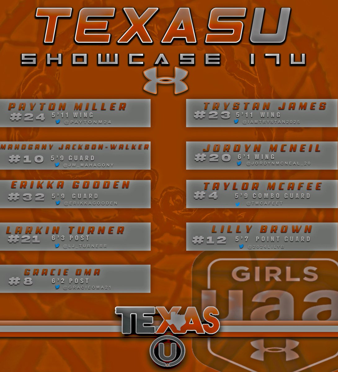Texas U (@txubasketball) on Twitter photo Our program is excited to show our depth at the 17u level this year. This group of prospects are talented, motivated & especially recruitable! With the <a href="/RiseCircuit/">UA Rise Circuit</a> approaching this weekend, we can’t wait to see this group work in PA‼️ Introducing our 17u Showcase:
#TXUFam🖤🧡 Our program is excited to show our depth at the 17u level this year. This group of prospects are talented, motivated & especially recruitable! With the <a href="/RiseCircuit/">UA Rise Circuit</a> approaching this weekend, we can’t wait to see this group work in PA‼️ Introducing our 17u Showcase:
#TXUFam🖤🧡