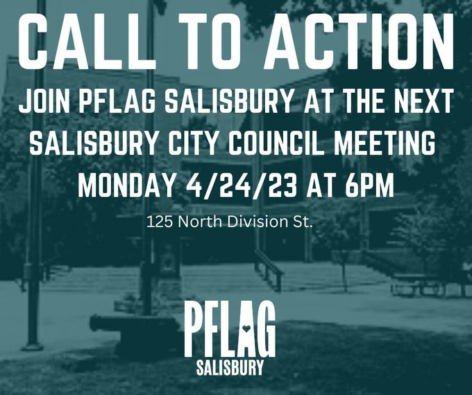 SalisburyPflag's tweet photo. Join us at the next @CityofSBY Council Meeting next Monday at 6PM! Come and make a public comment or just show your support for the LGBTQIA+ community in Salisbury. We will not accept our city sponsoring a event that will harm our community.
#Sbypride #SBYPflag #marylandpride https://t.co/av8U41MszM