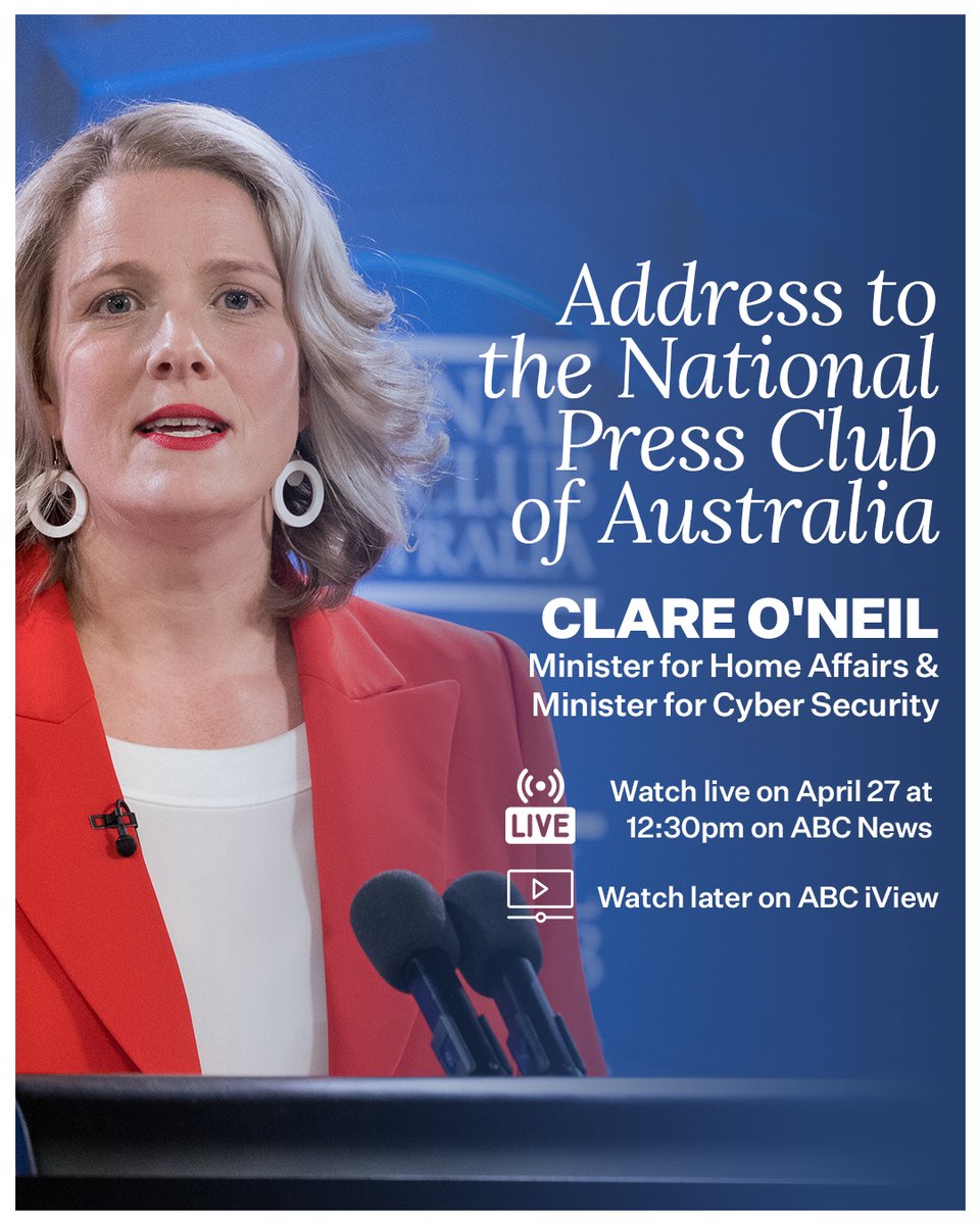 ClareONeilMP's tweet photo. Next week on April 27, I'll address the @PressClubAust.
You can watch it live at 12:30pm AEST on ABC News or watch it later on ABC iView.
More details here: https://t.co/5mm7JJJSU9
#NPC https://t.co/VhTiqC5d0y